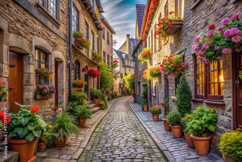 A narrow cobblestone street with historic buildings and hanging flower pots.
