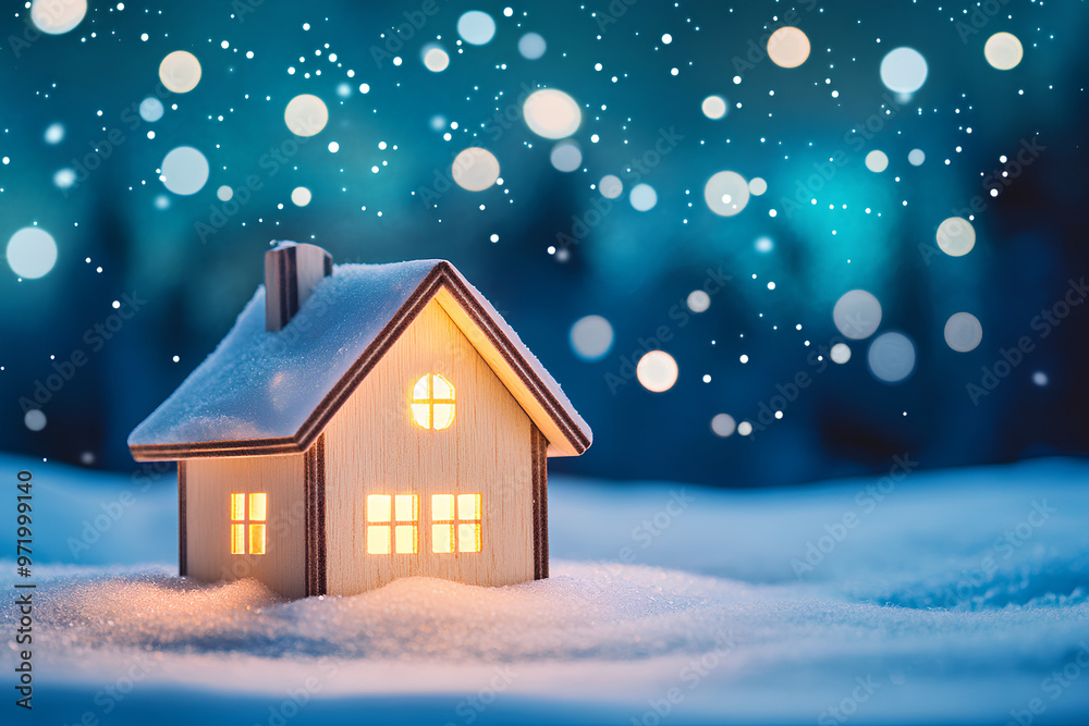 A cozy wooden house illuminated in the snow, surrounded by a serene winter atmosphere. A cozy wooden house illuminated in the snow, surrounded by a serene winter atmosphere.
