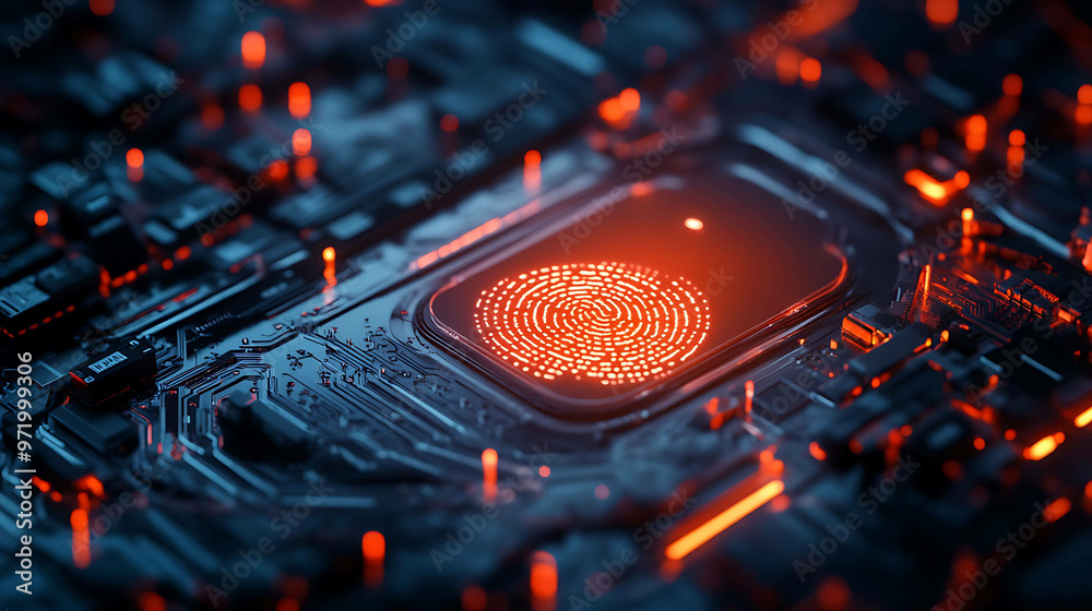 A close-up of a circuit board with a glowing red fingerprint icon. A close-up of a circuit board with a glowing red fingerprint icon.