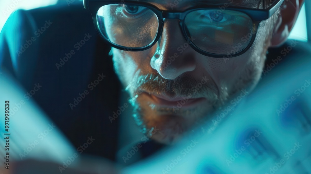 Focused businessman reviewing documents in office, wearing glasses. Concentrated professional analyzing paperwork under blue light. Focused businessman reviewing documents in office, wearing glasses. Concentrated professional analyzing paperwork under blue light.