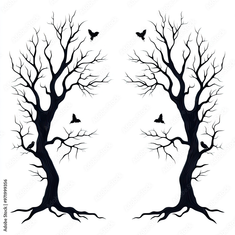 Obraz premium Silhouette of two leafless trees with birds, creating a striking contrast against a white background, perfect for artistic projects.