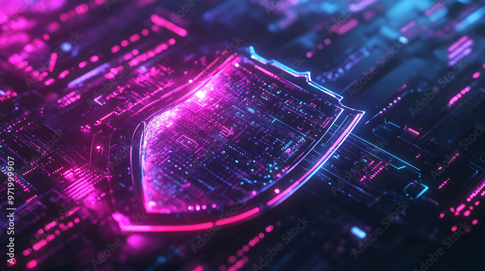 Abstract glowing shield on digital circuit board, pink and blue light.