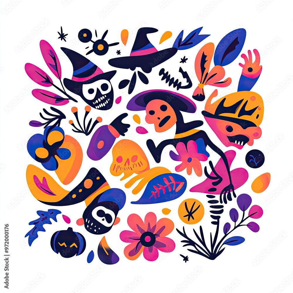 Fototapeta premium Vibrant Halloween-themed illustration featuring skeletons, witches, and floral elements in a colorful design.