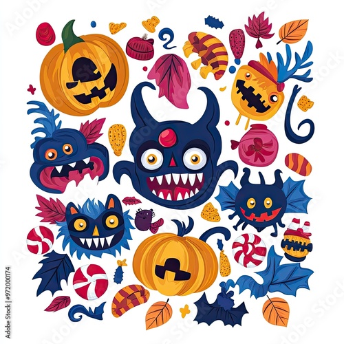 Vibrant Halloween-themed illustration featuring pumpkins, monsters, and spooky leaves for festive designs. photo