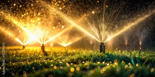 Sprinklers watering grass at night, droplets illuminated by backlight creating a serene scene, sprinklers, watering, grass photo