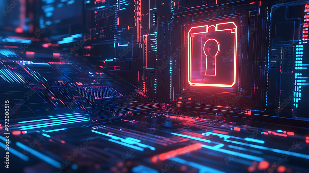 A glowing red keyhole icon within a digital, futuristic, neon-lit, sci-fi environment. A glowing red keyhole icon within a digital, futuristic, neon-lit, sci-fi environment.