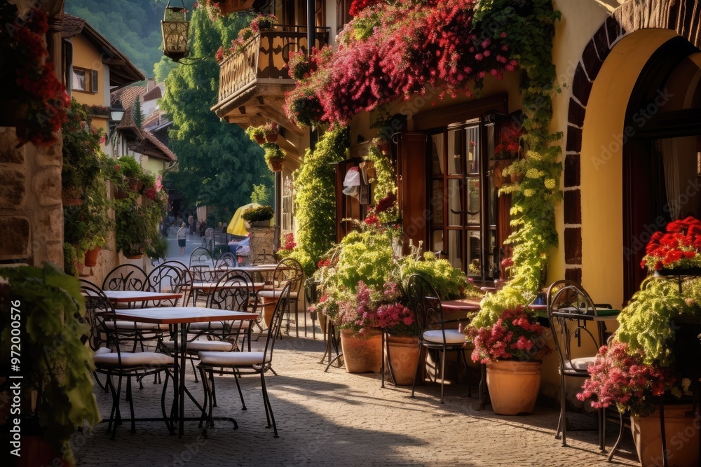 Naklejka premium Outdoor Seating: Photograph the cozy outdoor seating area with tables adorned with fresh flowers, overlooking a picturesque village square.