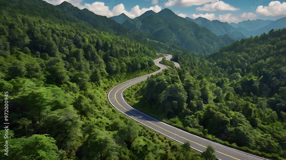 Fototapeta premium landscape road to mountains passing through green forest. generative ai