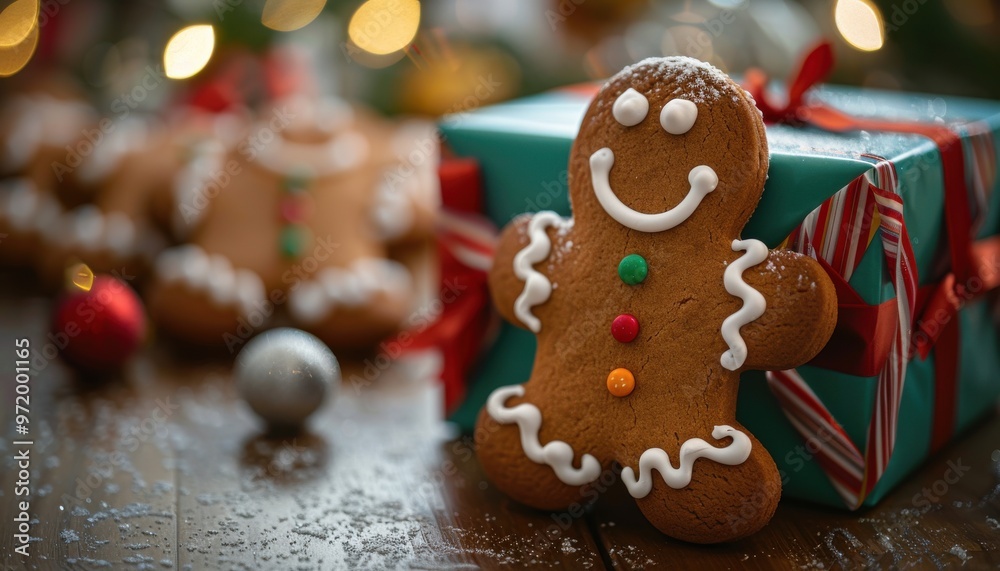 Festive gingerbread cookie with icing and buttons in front of a Christmas gift, evoking holiday spirit and warmth. Lights in background. Festive gingerbread cookie with icing and buttons in front of a Christmas gift, evoking holiday spirit and warmth. Lights in background.