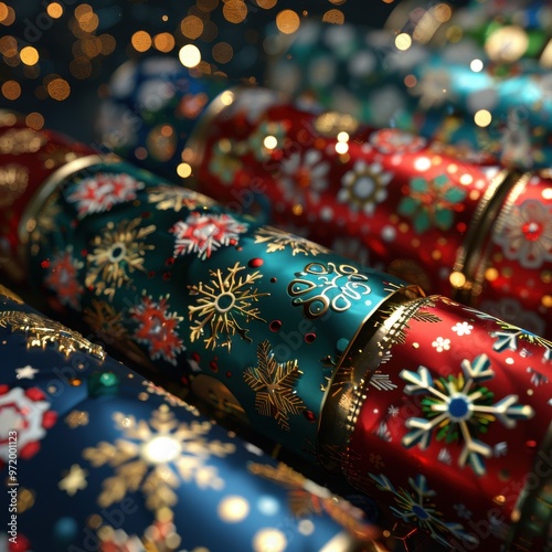 Festive Christmas crackers with colorful designs and golden decorations, perfect for holiday celebrations and party fun.