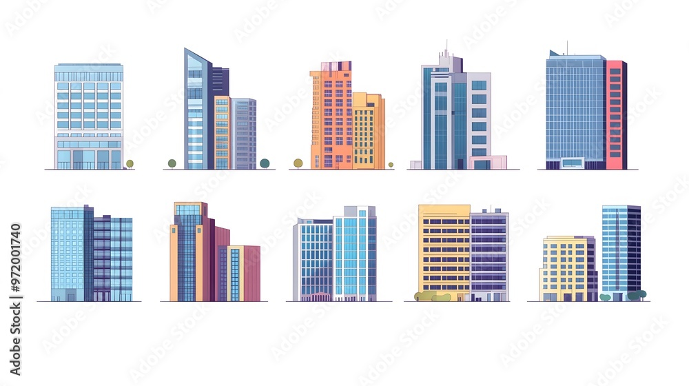 A collection of modern buildings with different styles and colors. A collection of modern buildings with different styles and colors.