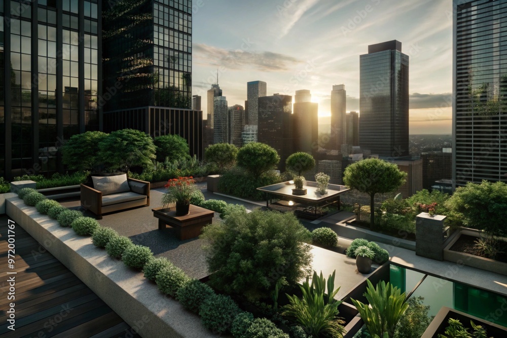 Fototapeta premium A rooftop garden with modern city skyscrapers in the background during sunset.