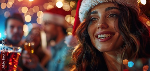 Smiling woman in Santa hat enjoying Christmas party with friends, festive lights and holiday cheer in background.