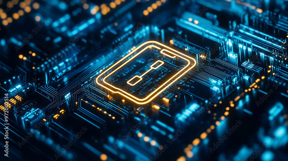 Abstract circuit board with glowing lines and a bright orange phone icon in the center. Abstract circuit board with glowing lines and a bright orange phone icon in the center.