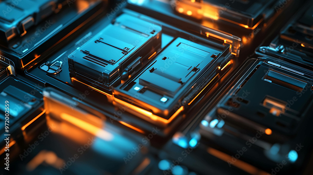 Abstract close-up of shiny, metallic, geometric shapes with glowing blue and orange lights. Abstract close-up of shiny, metallic, geometric shapes with glowing blue and orange lights.