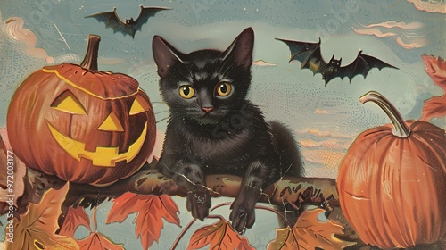 A black cat sits between two pumpkins with two bats flying in the sky, a vintage Halloween illustration. photo