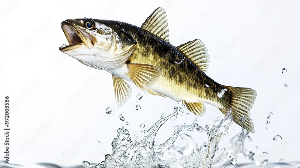 Fototapeta premium Fish Leaping Out of Water Against a White Background. This dynamic image captures the moment a fish jumps, showcasing its streamlined body and splashing motion with a clear, white backdrop.