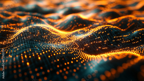 Abstract illustration of glowing waves with digital patterns at nighttime
