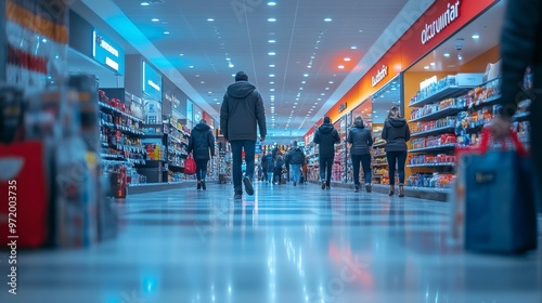 Wallpaper Mural A busy indoor shopping area with people walking through aisles of products. Torontodigital.ca