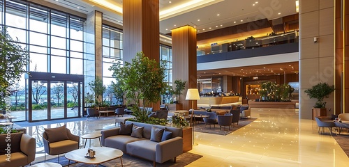 Comfortable and stylish hotel lobby in Geojedo, decorated with modern furniture. photo