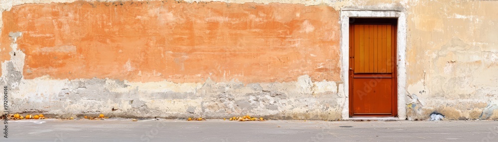 A rustic wooden door against a weathered orange wall, conveying a sense of charm and timeless beauty in this architectural detail. A rustic wooden door against a weathered orange wall, conveying a sense of charm and timeless beauty in this architectural detail.