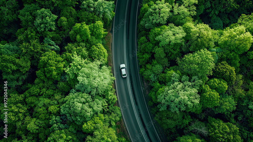 Aerial view of a car in green forest asphalt road. healthy environment road trip travel. Aerial view of a car in green forest asphalt road. healthy environment road trip travel.