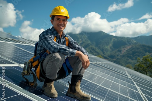 Wallpaper Mural engineer installing solar panels on the roof. Alternative renewable green energy generation concept electrical technician at work, Torontodigital.ca