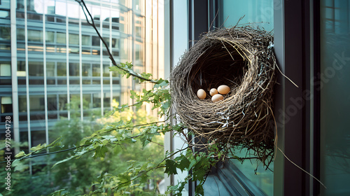 A bird nest built into the window ledge of an office building with eggs visible inside contrasting nature and urban life