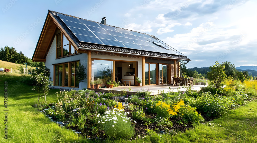 A modern eco-friendly house with solar panels on the roof and a green garden full of native plants showcasing sustainable architecture A modern eco-friendly house with solar panels on the roof and a green garden full of native plants showcasing sustainable architecture