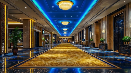 Luxurious hotel lobby designed with golden carpeting and ambient blue ceiling lights. photo