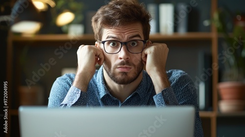 Portrait of confused man looking at computer screen. Puzzled employee, office worker, student or hipster feeling dumb and stupid trying to understand hard complicated stuff or fix PC software problem.