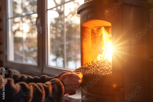  Individual filling a wood pellet stove with pellets by a bright sunny window photo