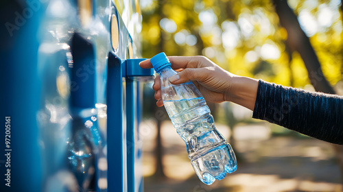 A person filling up a water bottle at a public refill station reducing the use of single-use plastics in an urban park