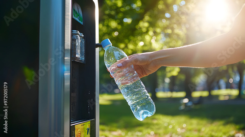 A person filling up a water bottle at a public refill station reducing the use of single-use plastics in an urban park