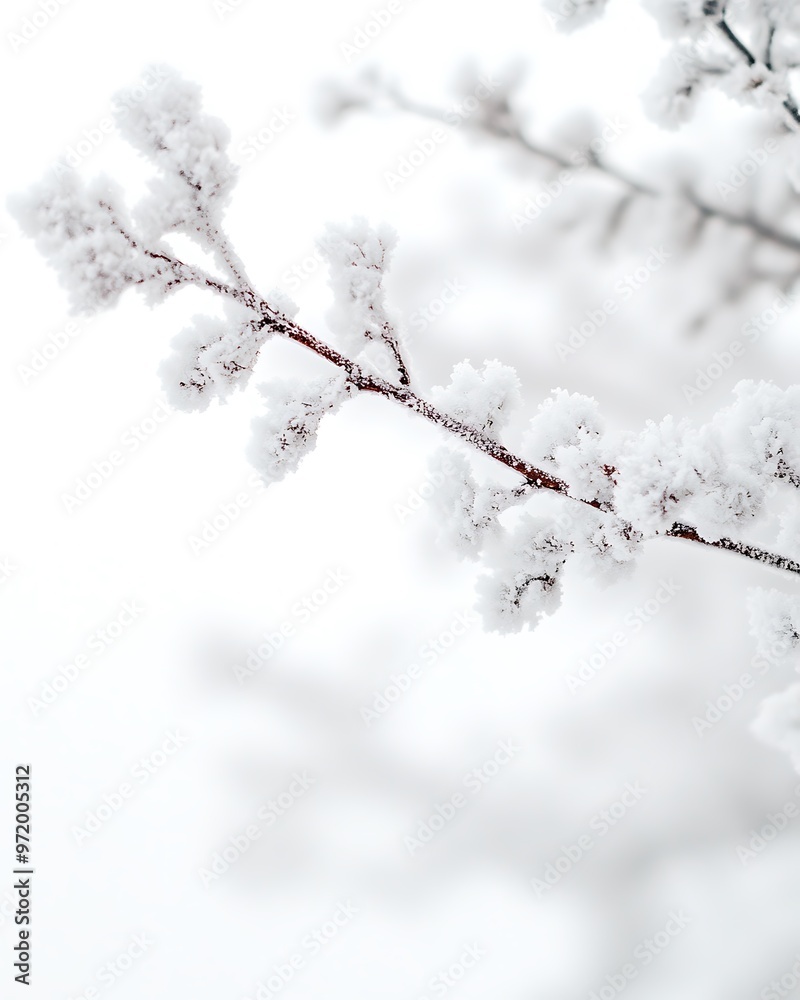 A close-up shot of a tree branch covered in delicate layers of snow, with a soft, out-of-focus white sky in the background, leaving room for text or logos on the upper half of the image A close-up shot of a tree branch covered in delicate layers of snow, with a soft, out-of-focus white sky in the background, leaving room for text or logos on the upper half of the image
