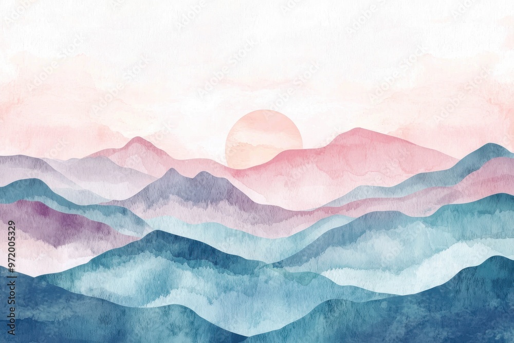 A serene watercolor landscape depicting gentle mountains and a soft sunrise, perfect for nature and relaxation themes. A serene watercolor landscape depicting gentle mountains and a soft sunrise, perfect for nature and relaxation themes.
