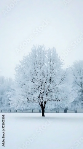 Wallpaper Mural A frozen tree standing in a snowy forest, surrounded by other trees, all covered in snow. The empty sky above the scene provides space for text or branding Torontodigital.ca