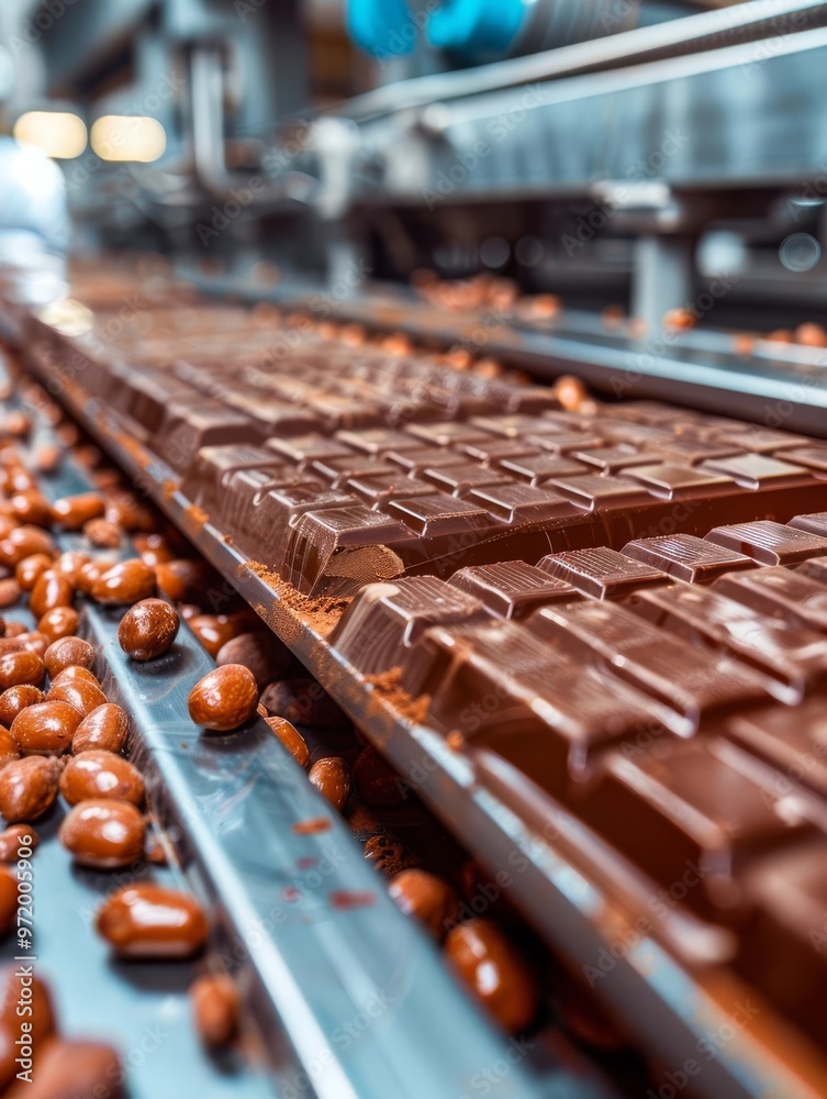 Close-up of chocolate bars on a conveyor belt, surrounded by cocoa beans, showcasing the chocolate production process. Close-up of chocolate bars on a conveyor belt, surrounded by cocoa beans, showcasing the chocolate production process.