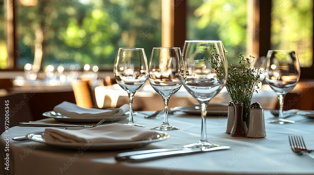 Fototapeta premium Luxuriously set dining table in an upscale hotel restaurant, awaiting service.