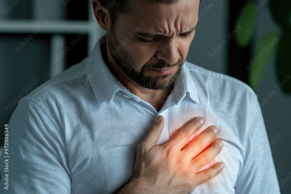 Heart attack sign: Individual holding their chest in pain, symbolizing heart attack, portraying intense, critical nature of health emergency, highlighting need for swift medical attention. Heart attack sign: Individual holding their chest in pain, symbolizing heart attack, portraying intense, critical nature of health emergency, highlighting need for swift medical attention.