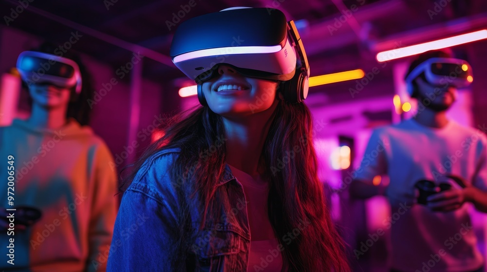 A group of friends engaging in a trendy VR game, with immersive visuals and dynamic gameplay A group of friends engaging in a trendy VR game, with immersive visuals and dynamic gameplay