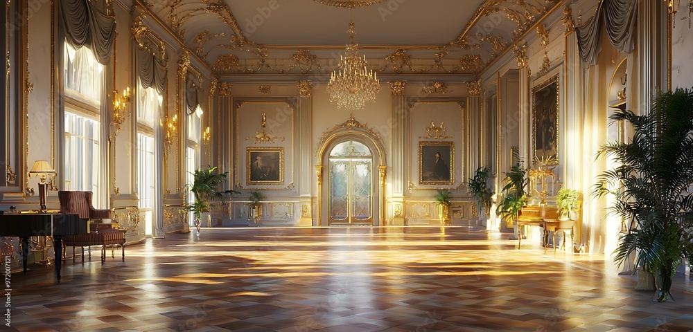Fototapeta premium Majestic, empty Victorian hall within a royal villa, created via AI.