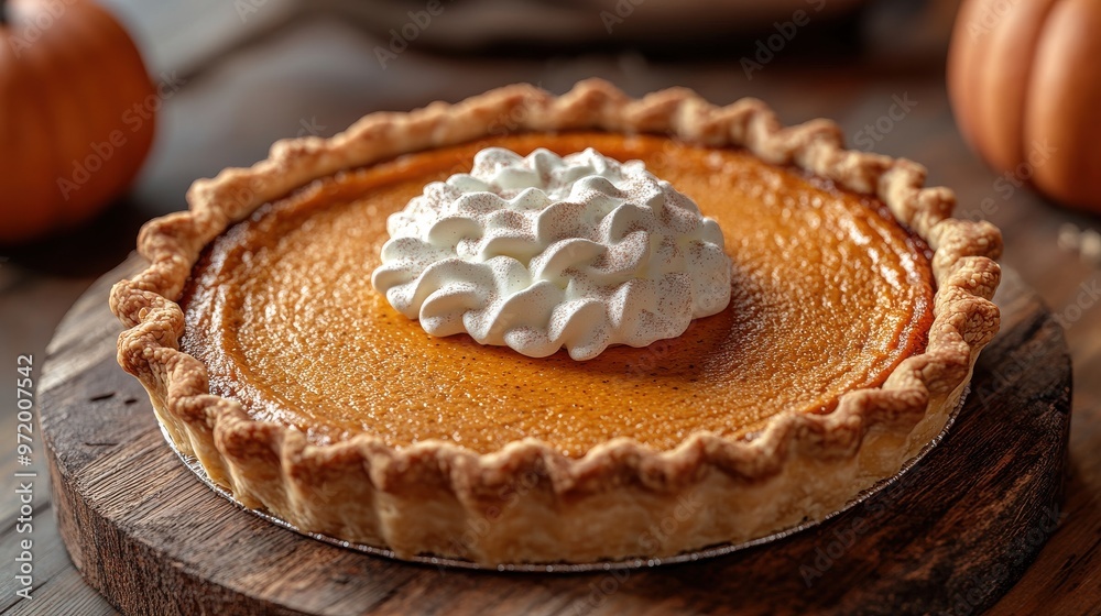 Delicious homemade pumpkin pie topped with whipped cream on wooden table, perfect for Thanksgiving dessert. Delicious homemade pumpkin pie topped with whipped cream on wooden table, perfect for Thanksgiving dessert.