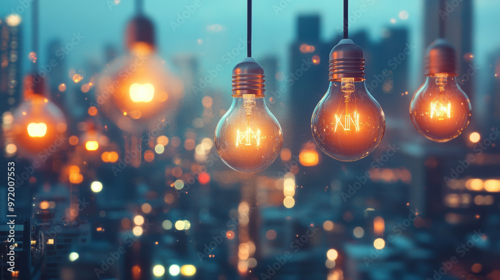 Illuminated lightbulbs float above vibrant cityscape, creating warm and inviting atmosphere. glowing bulbs contrast beautifully with urban backdrop, evoking sense of creativity and inspiration Illuminated lightbulbs float above vibrant cityscape, creating warm and inviting atmosphere. glowing bulbs contrast beautifully with urban backdrop, evoking sense of creativity and inspiration