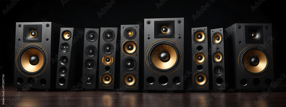 Obraz premium A loudspeakers set for music and sound surround home theatre system placed in dark background with modern style light or glowing with copy space, sound system banner design