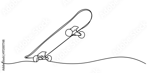 Continuous one line drawing of skateboard on street road. One line drawing illustration of skateboard. Extreme classic sport concept continuous line art. Editable outline. pro vector