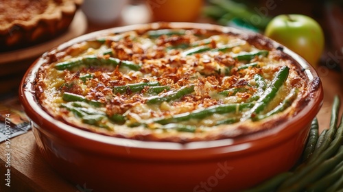 Delicious green bean casserole baked to perfection, topped with crispy onions and served in a clay dish. Comfort food for any occasion. photo