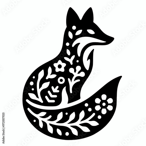 Fox floral silhouette outline whimsical vector illustration design photo