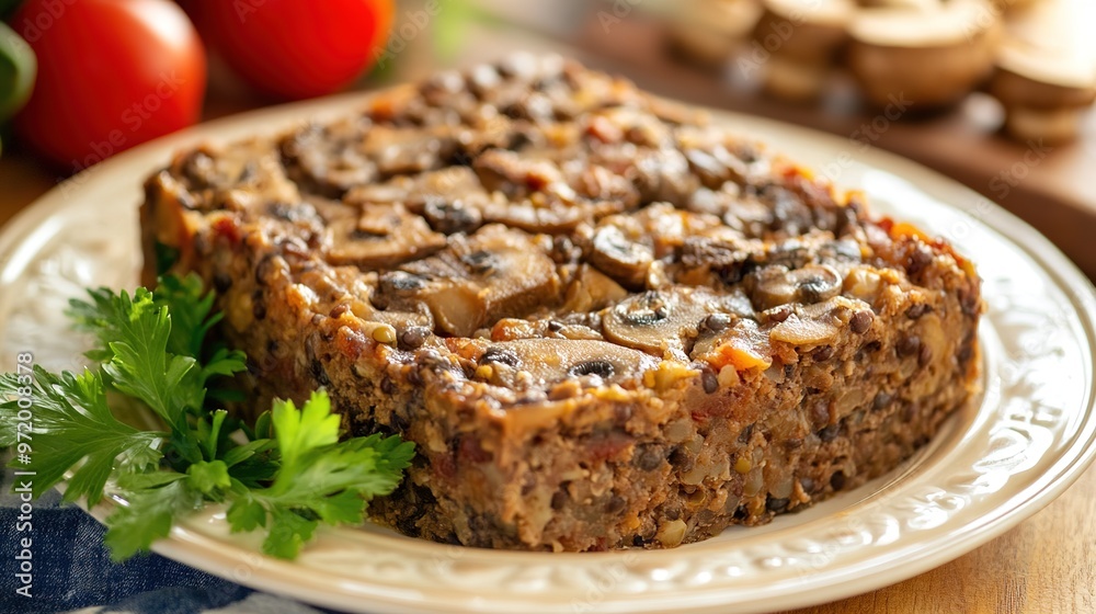 Plate of Mushroom and Lentil Loaf, Showcasing a Delicious, Hearty Vegan Dish. The Loaf is Sliced and Presented Neatly, Garnished with Fresh Herbs, and Served with a Side of Vegetables for a Wholesome Plate of Mushroom and Lentil Loaf, Showcasing a Delicious, Hearty Vegan Dish. The Loaf is Sliced and Presented Neatly, Garnished with Fresh Herbs, and Served with a Side of Vegetables for a Wholesome