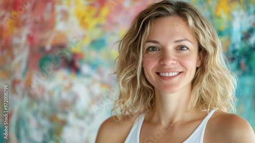 Joyful caucasian blonde woman is surrounded by vibrant marble texture colorful background and some.bokeh lights, her smile full of energy. The playful scene fits themes of celebration and fun.